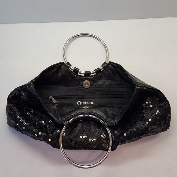 Chateau, Black Sequin Purse - Silver Round Handles - Picture 6 of 8
